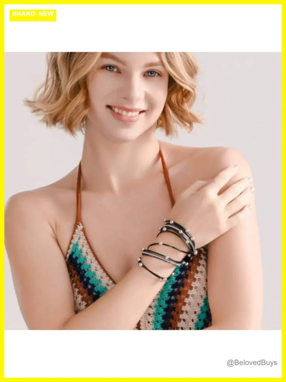 Faux Leather Studded Beaded Double Wrap Bracelet Magnetic Clasp